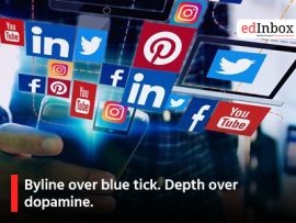Byline over blue tick. Depth over dopamine.