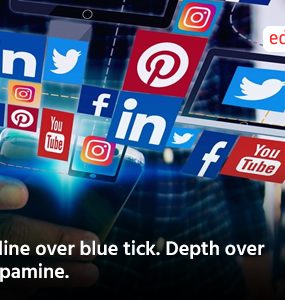 Byline over blue tick. Depth over dopamine.