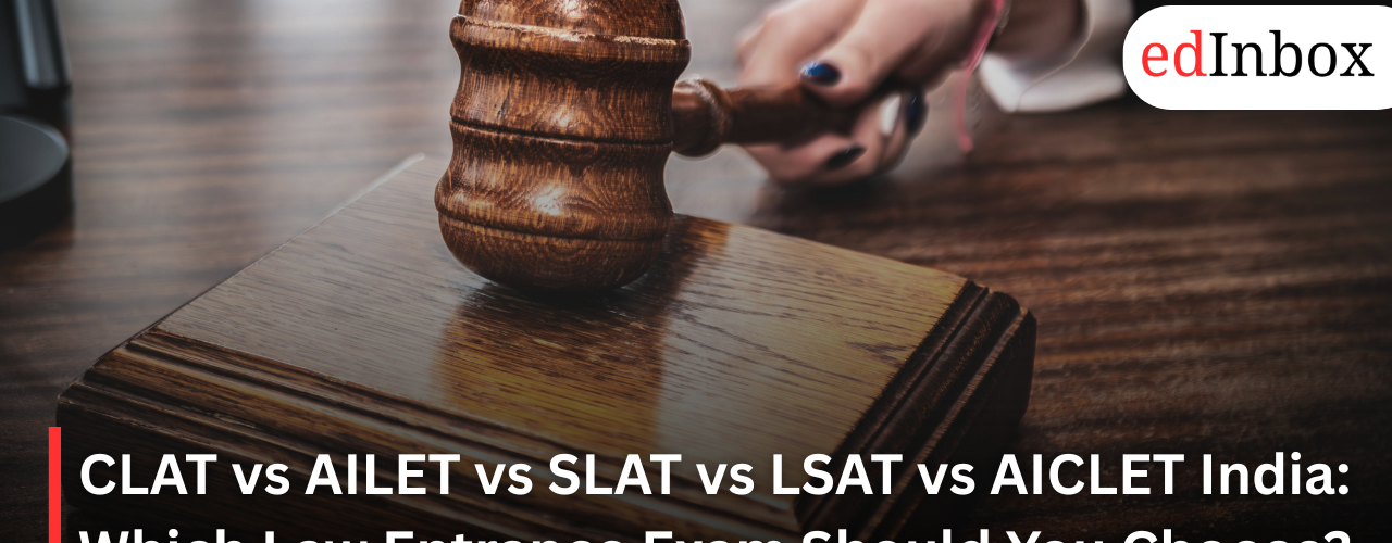 Students comparing CLAT, AILET, SLAT, LSAT India and AICLET law entrance exams for admission to law colleges in India.