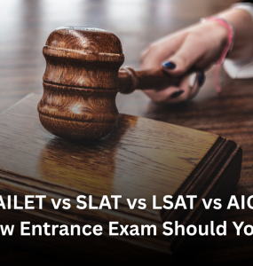 Students comparing CLAT, AILET, SLAT, LSAT India and AICLET law entrance exams for admission to law colleges in India.
