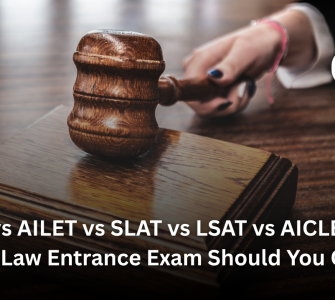 Students comparing CLAT, AILET, SLAT, LSAT India and AICLET law entrance exams for admission to law colleges in India.