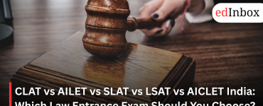 Students comparing CLAT, AILET, SLAT, LSAT India and AICLET law entrance exams for admission to law colleges in India.