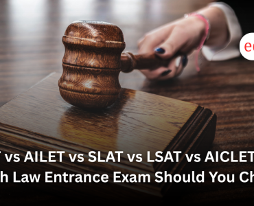 Students comparing CLAT, AILET, SLAT, LSAT India and AICLET law entrance exams for admission to law colleges in India.