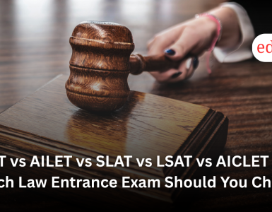 Students comparing CLAT, AILET, SLAT, LSAT India and AICLET law entrance exams for admission to law colleges in India.